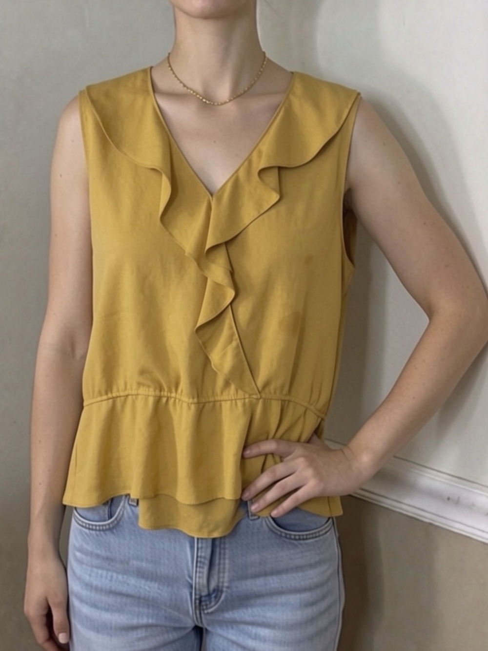 ❤️ FREE for $20! Ruffled V-Neck Sleeveless Top in Mustard